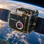 Satellite scientifique non marqué en orbite au-dessus de la Terre nuageuse.