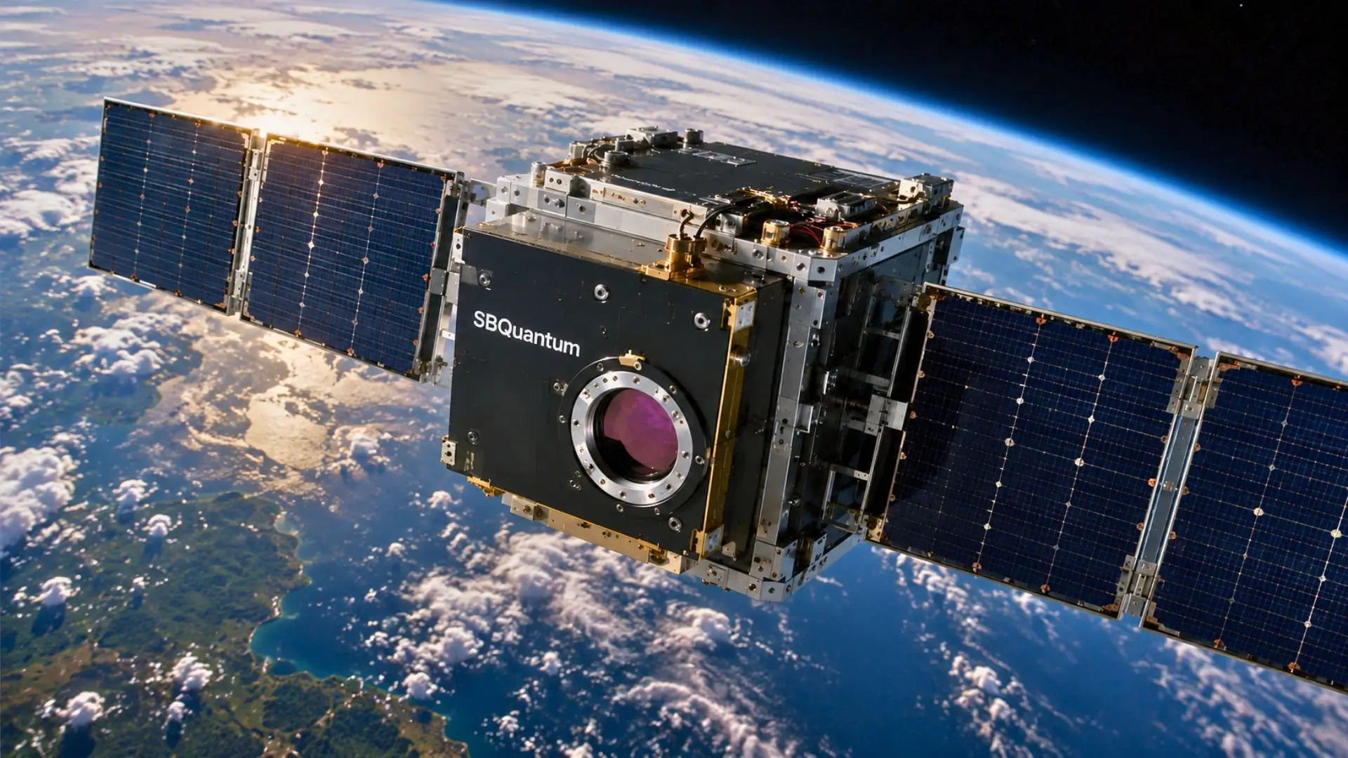 Satellite scientifique non marqué en orbite au-dessus de la Terre nuageuse.