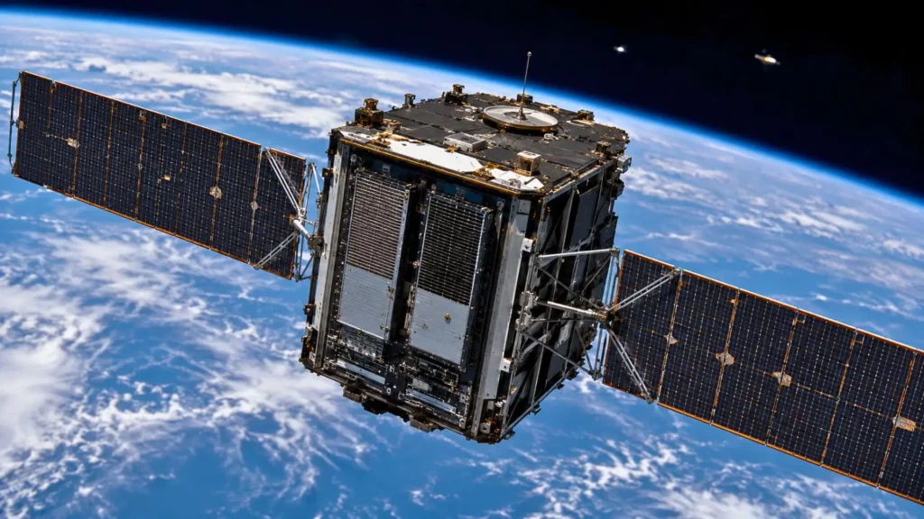 Un satellite futuriste équipé de panneaux solaires survole la Terre, illustrant une infrastructure spatiale dédiée à l’intelligence artificielle.