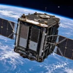 Un satellite futuriste équipé de panneaux solaires survole la Terre, illustrant une infrastructure spatiale dédiée à l’intelligence artificielle.