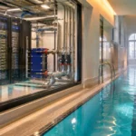 Des baies de serveurs informatiques reliées à un système de tuyauterie chauffent l’eau d’une piscine intérieure à Paris.