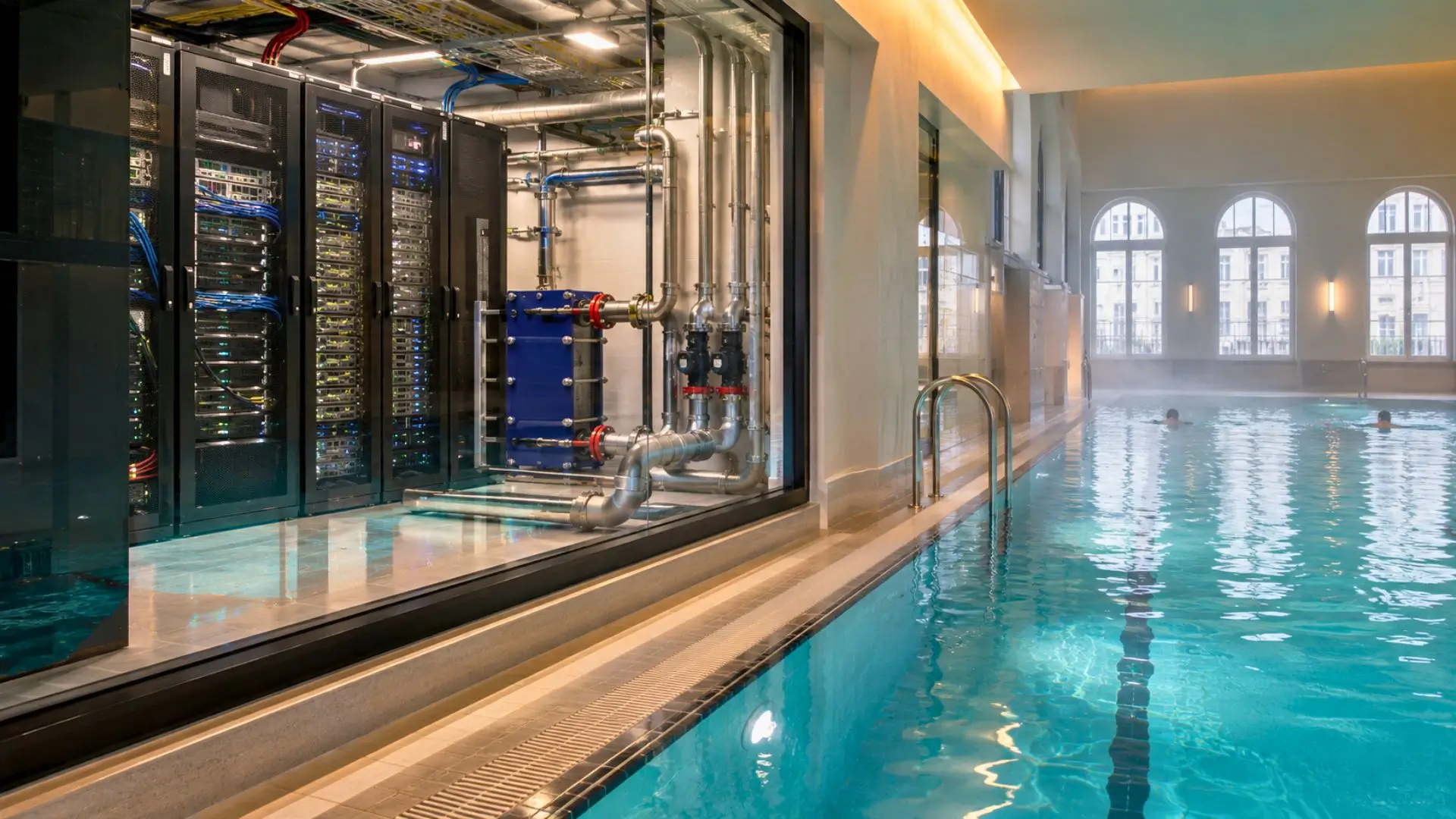 Des baies de serveurs informatiques reliées à un système de tuyauterie chauffent l’eau d’une piscine intérieure à Paris.