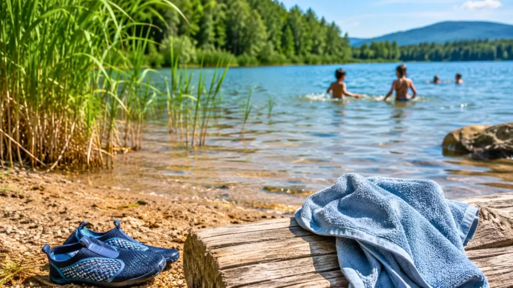 Serviette et chaussures au bord d’un lac entouré de roseaux estivaux.
