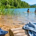 Serviette et chaussures au bord d’un lac entouré de roseaux estivaux.