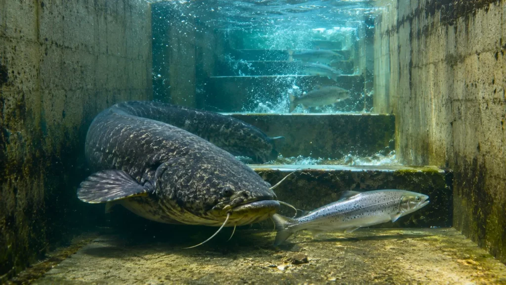 Grand silure dans une passe à poissons avec des saumons migrateurs.