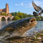 Silure géant surgissant au bord d’une rivière près d’un pigeon en fuite.