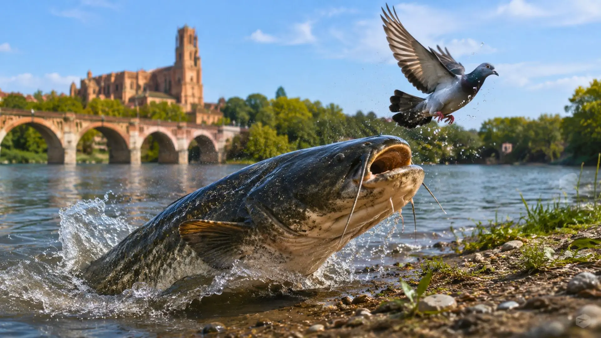 Silure géant surgissant au bord d’une rivière près d’un pigeon en fuite.