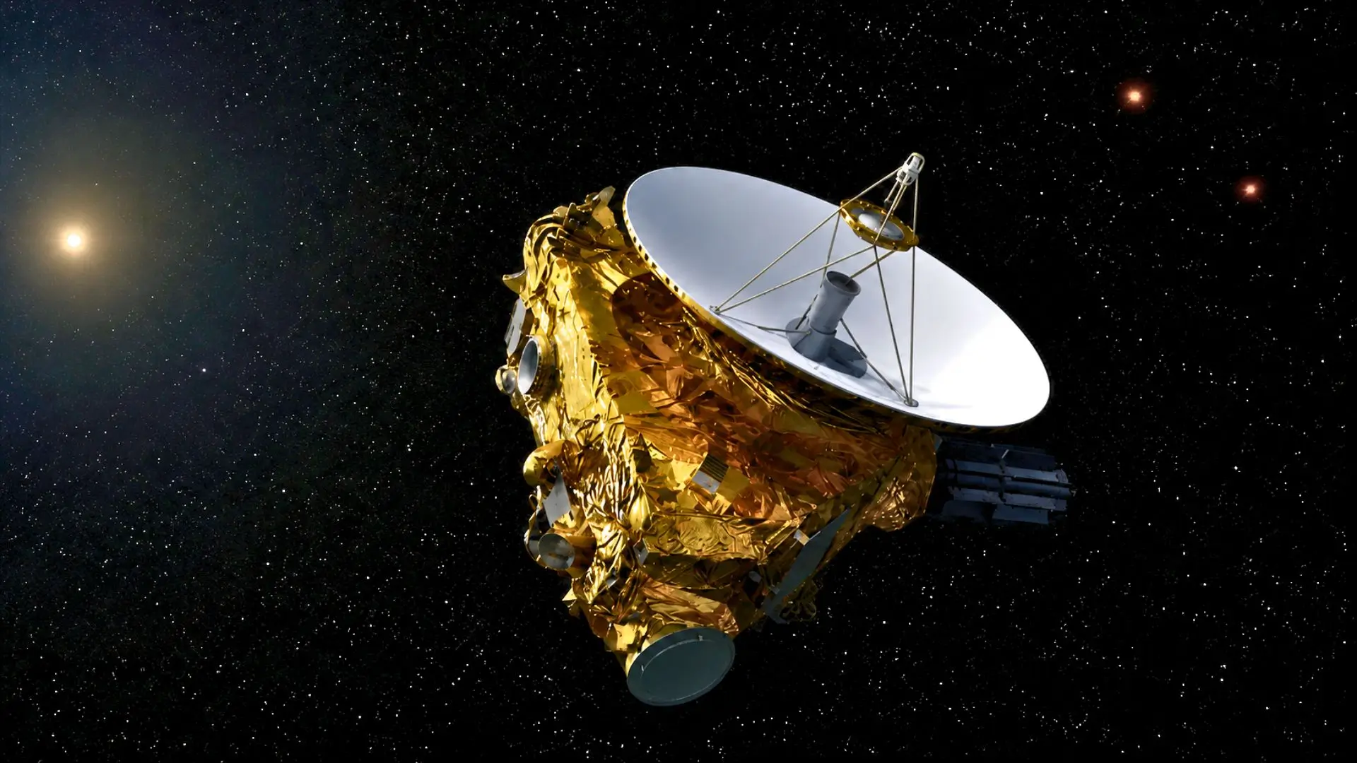 La sonde New Horizons flotte seule dans l’espace profond, orientant son antenne vers les étoiles lointaines.