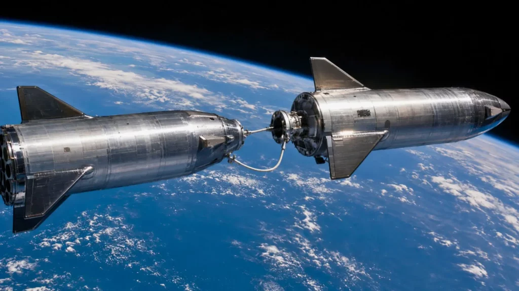 Deux vaisseaux spatiaux métalliques connectés en orbite au-dessus de la Terre.