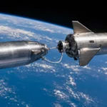 Deux vaisseaux spatiaux métalliques connectés en orbite au-dessus de la Terre.
