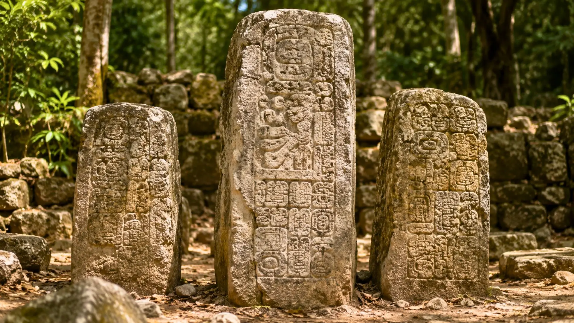 Trois stèles mayas érodées au cœur d’un site archéologique forestier.