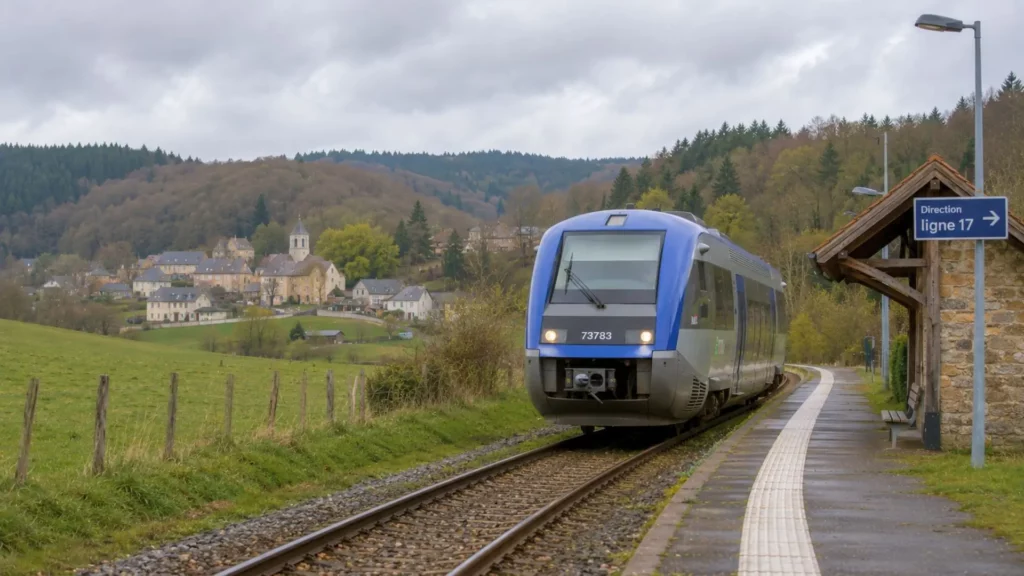Train régional sans logo circulant sur une petite ligne rurale française.