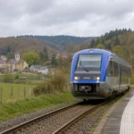 Train régional sans logo circulant sur une petite ligne rurale française.