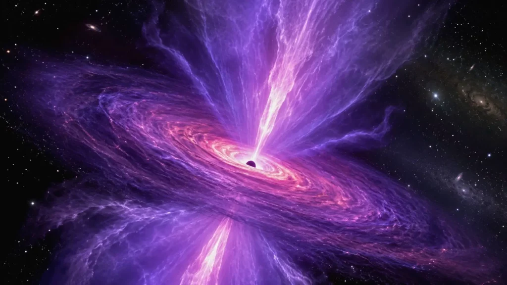 Illustration d’un trou noir supermassif entouré d’un disque d’accrétion violet, éjectant deux vents de gaz lumineux dans l’espace profond.