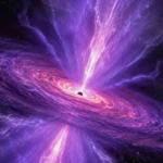 Illustration d’un trou noir supermassif entouré d’un disque d’accrétion violet, éjectant deux vents de gaz lumineux dans l’espace profond.