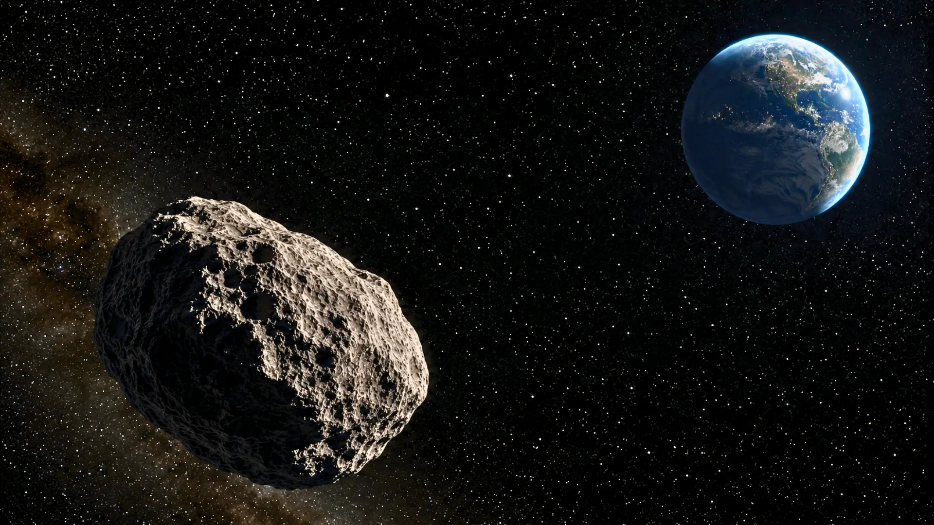 Astéroïde rocheux passant à grande distance de la Terre dans l’espace, sur fond d’étoiles.