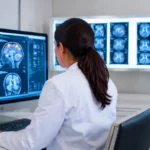 Médecin en blouse blanche analysant des IRM cérébrales sur un écran dans un laboratoire médical.