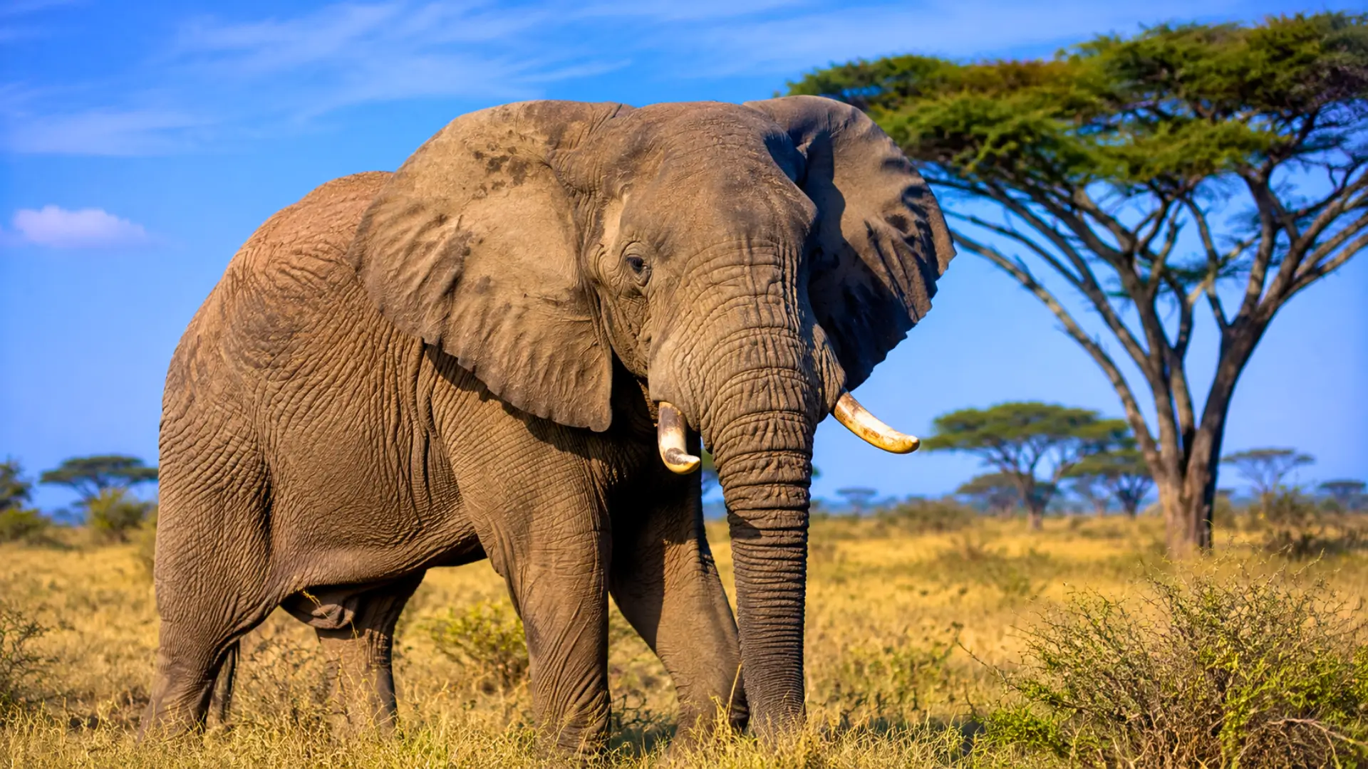 Éléphant moderne debout dans une savane sèche, entouré d’herbes dorées et d’arbres clairsemés.