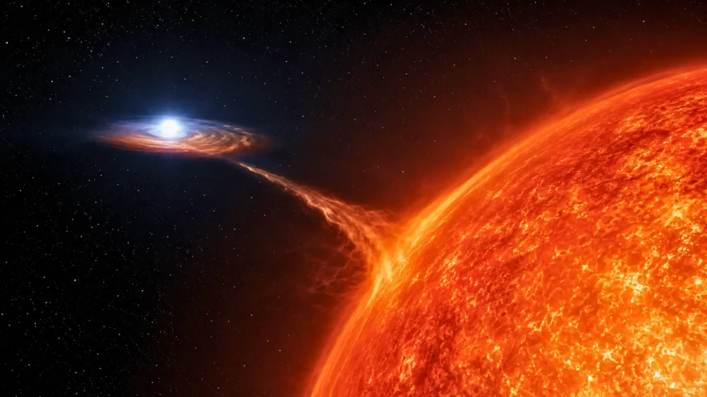 Illustration du système T Coronae Borealis montrant une géante rouge, une naine blanche brillante et un flux de plasma entre les deux étoiles.