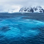 Vue réaliste de l’océan Atlantique Nord près du Groenland, avec une large zone d’eau froide bleutée entourée de vagues sombres et de montagnes glacées.