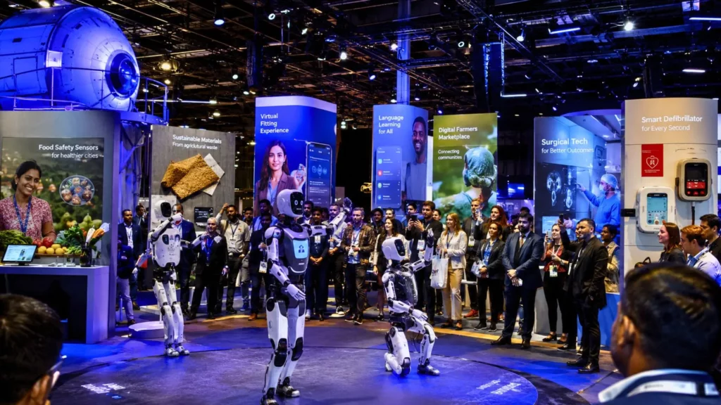 Des robots humanoïdes évoluent sur une scène de salon technologique, entourés de stands dédiés à la santé, l’agriculture, l’espace et l’innovation durable.
