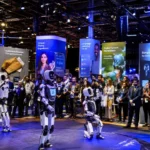 Des robots humanoïdes évoluent sur une scène de salon technologique, entourés de stands dédiés à la santé, l’agriculture, l’espace et l’innovation durable.