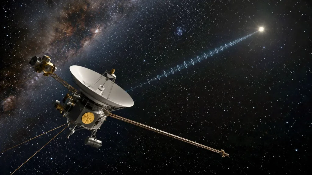 La sonde Voyager 1 dérive dans l’espace profond, reliée symboliquement à la Terre par un signal lumineux lointain.