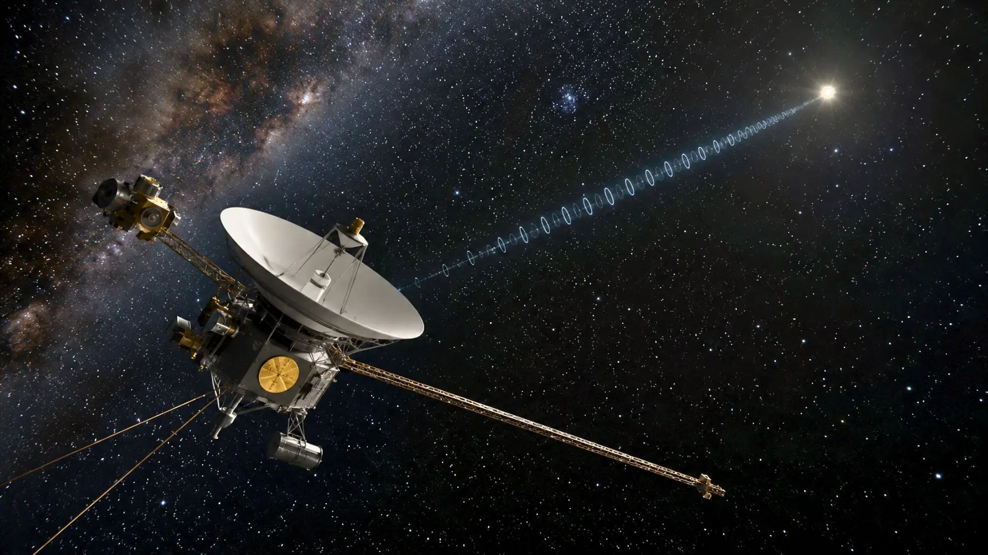 La sonde Voyager 1 dérive dans l’espace profond, reliée symboliquement à la Terre par un signal lumineux lointain.