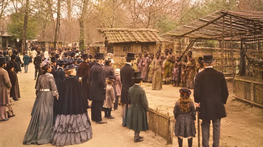 Reconstitution d’une exhibition humaine coloniale au Jardin d’Acclimatation à Paris au XIXe siècle, observée par des visiteurs en tenue d’époque.