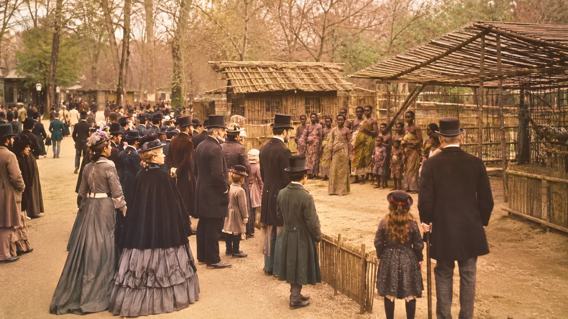Reconstitution d’une exhibition humaine coloniale au Jardin d’Acclimatation à Paris au XIXe siècle, observée par des visiteurs en tenue d’époque.