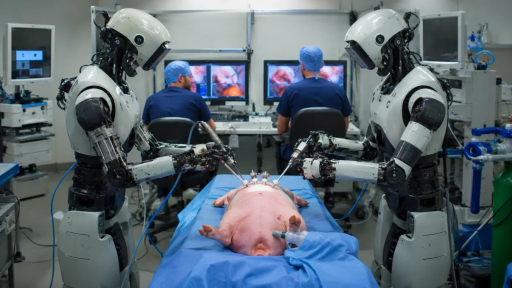 Deux robots humanoïdes effectuent une chirurgie laparoscopique sur un porc anesthésié dans un bloc opératoire, pendant que des chirurgiens les pilotent à distance depuis des consoles.