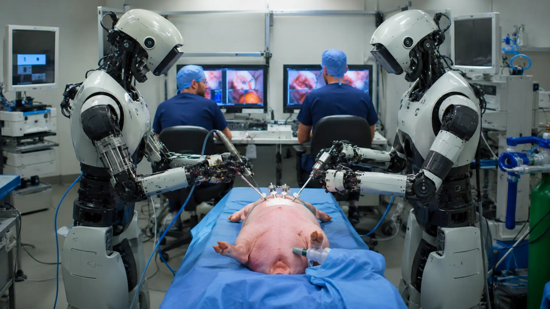 Deux robots humanoïdes effectuent une chirurgie laparoscopique sur un porc anesthésié dans un bloc opératoire, pendant que des chirurgiens les pilotent à distance depuis des consoles.