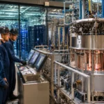 Des ingénieurs surveillent un mini-réacteur nucléaire expérimental dans une installation moderne située à proximité de serveurs informatiques.