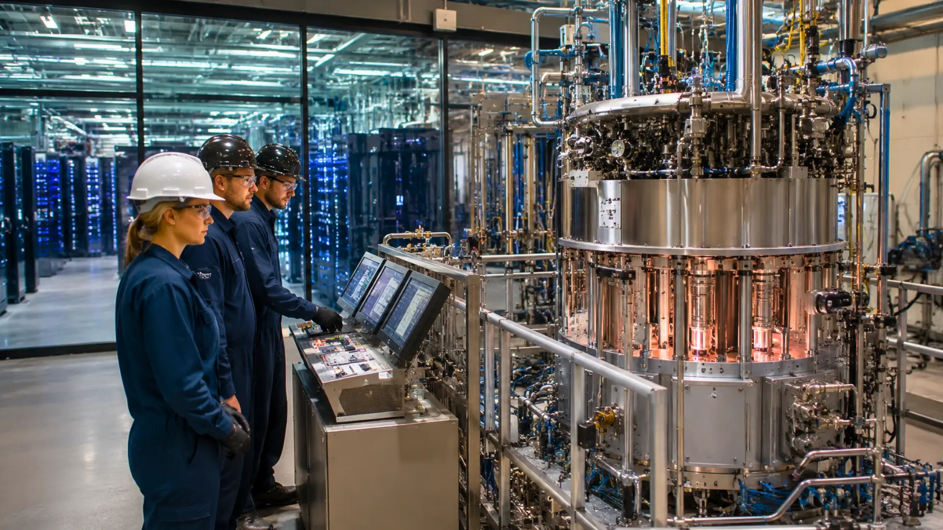 Des ingénieurs surveillent un mini-réacteur nucléaire expérimental dans une installation moderne située à proximité de serveurs informatiques.