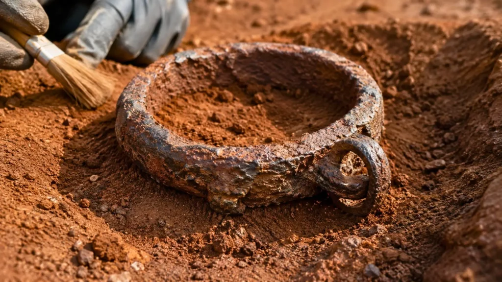 Un anneau d’entrave en fer corrodé est dégagé délicatement de la terre lors des fouilles archéologiques d’Allonnes.