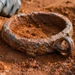 Un anneau d’entrave en fer corrodé est dégagé délicatement de la terre lors des fouilles archéologiques d’Allonnes.
