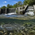 Saumon nageant dans une rivière au pied d’un barrage équipé d’une passe à poissons