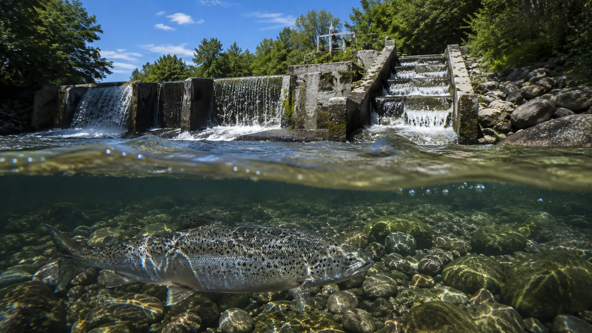 Saumon nageant dans une rivière au pied d’un barrage équipé d’une passe à poissons