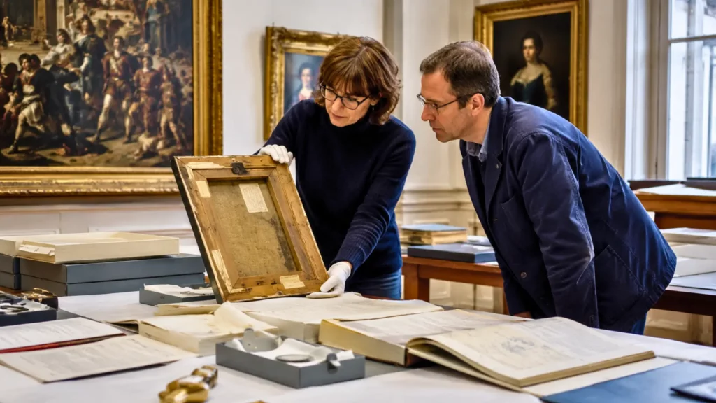 Deux spécialistes examinent le dos d’un ancien tableau dans les réserves d’un musée, entourés d’archives et d’œuvres encadrées.