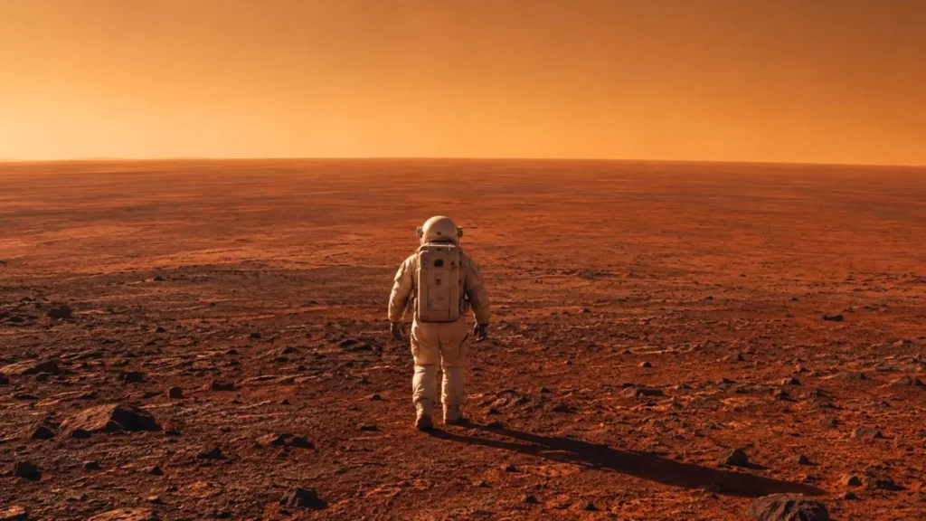 Un astronaute marche seul sur la surface rouge et presque plane d’Olympus Mons, face à un horizon martien brumeux.
