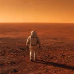 Un astronaute marche seul sur la surface rouge et presque plane d’Olympus Mons, face à un horizon martien brumeux.
