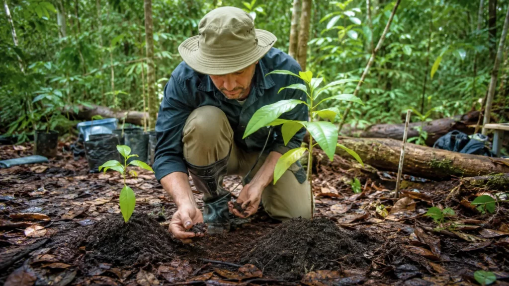 Chercheur examinant de la terra preta autour de jeunes arbres dans la forêt amazonienne