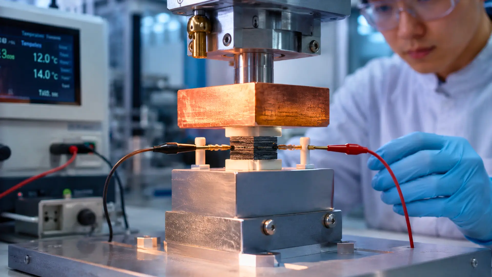 Dispositif expérimental en laboratoire avec cristal thermoélectrique placé entre deux blocs métalliques et relié à des sondes électriques, sous la supervision d’un chercheur.