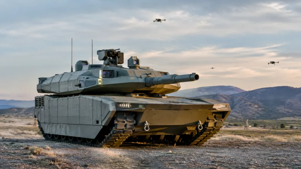 Char AbramsX américain futuriste sur un terrain militaire au crépuscule, observé par plusieurs drones dans le ciel.