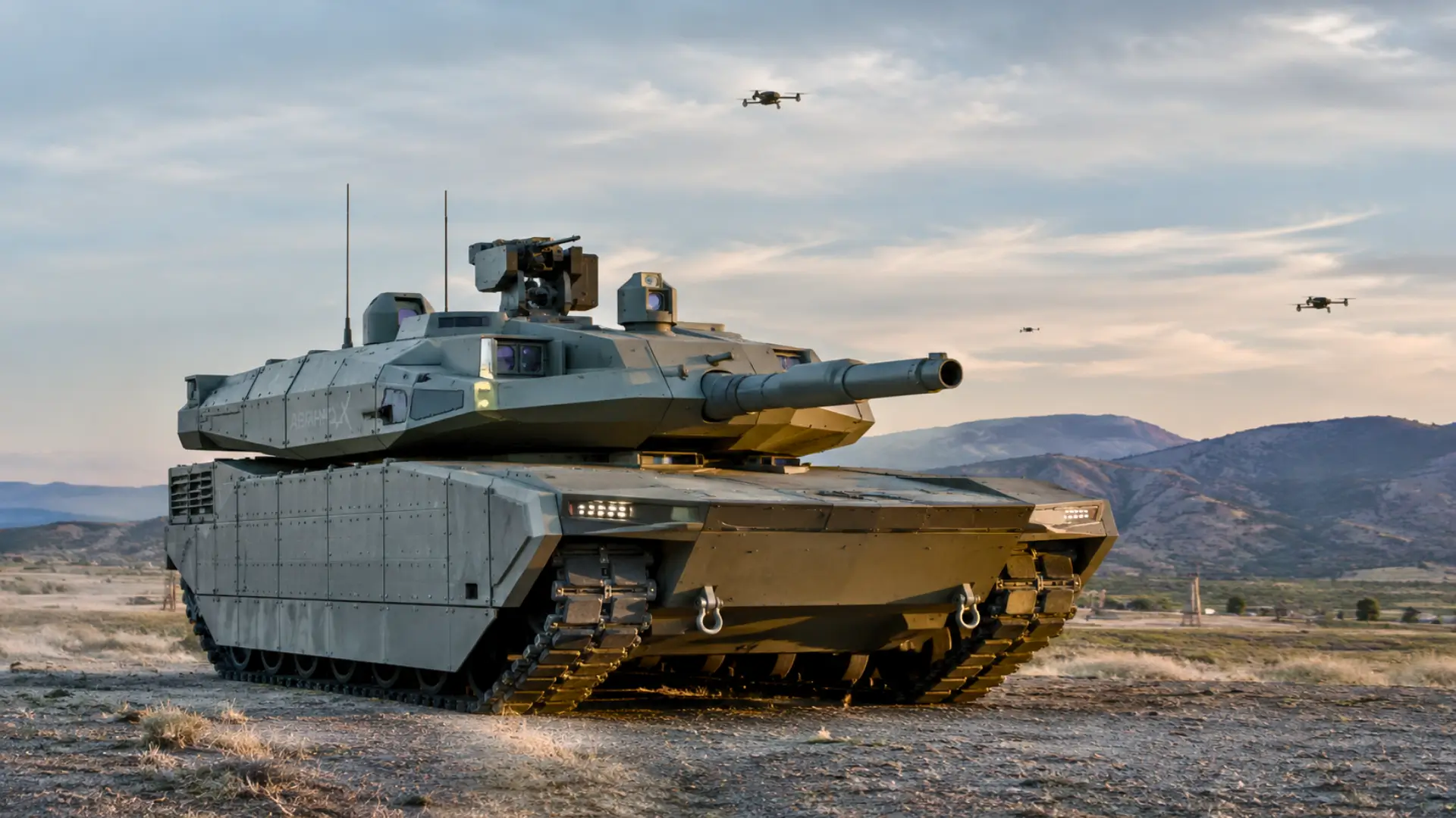 Char AbramsX américain futuriste sur un terrain militaire au crépuscule, observé par plusieurs drones dans le ciel.