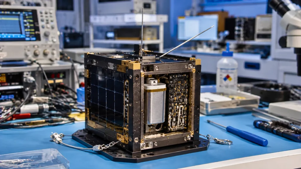 CubeSat BOHR en cours d’assemblage dans un laboratoire spatial, avec ses composants électroniques et sa batterie au tritium visibles.