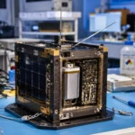 CubeSat BOHR en cours d’assemblage dans un laboratoire spatial, avec ses composants électroniques et sa batterie au tritium visibles.