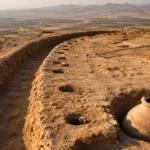 Vestiges d’un fossé défensif et d’une grande jarre enterrée sur le site hellénistique d’Iskandar Tepa, en Ouzbékistan.