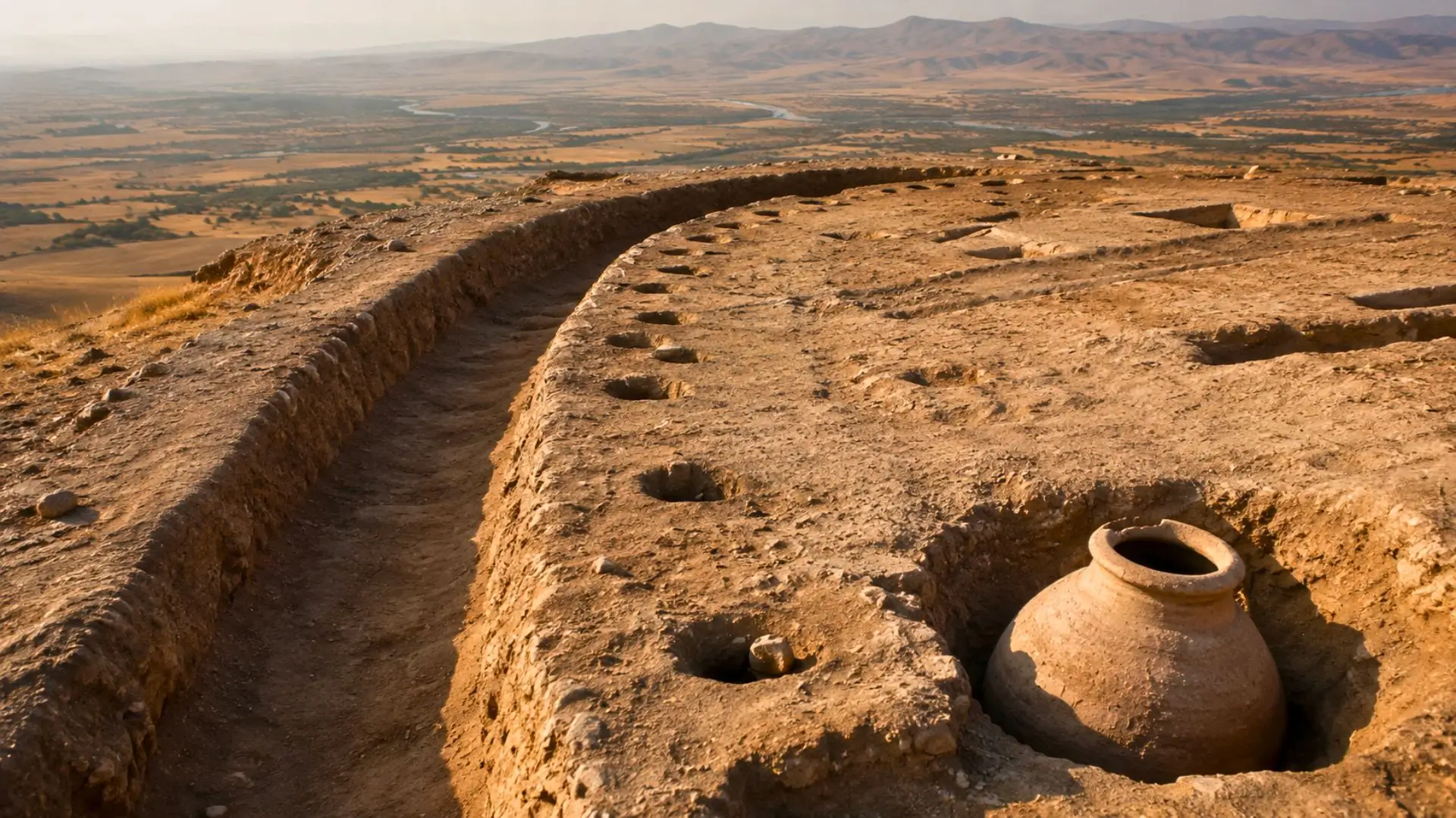 Vestiges d’un fossé défensif et d’une grande jarre enterrée sur le site hellénistique d’Iskandar Tepa, en Ouzbékistan.