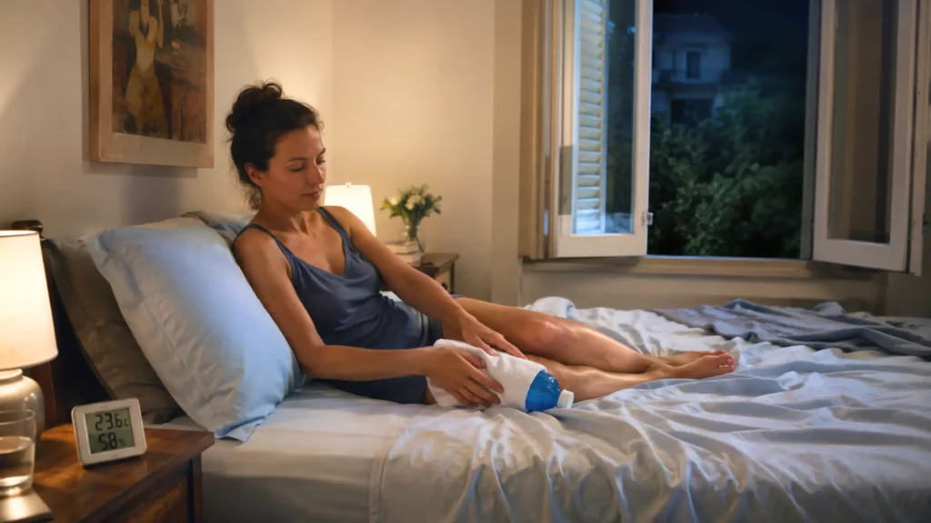 Femme assise sur son lit dans une chambre chaude la nuit, utilisant une bouteille d’eau froide enveloppée dans une serviette pour se rafraîchir, avec fenêtre ouverte et thermomètre affichant 23,6 °C.